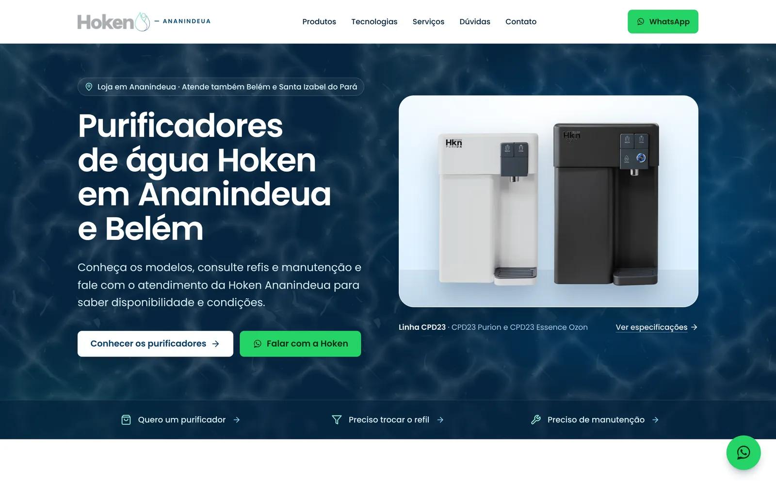 Primeira dobra do site da Hoken Ananindeua no computador: título sobre purificadores de água, botões de contato e foto de dois purificadores.