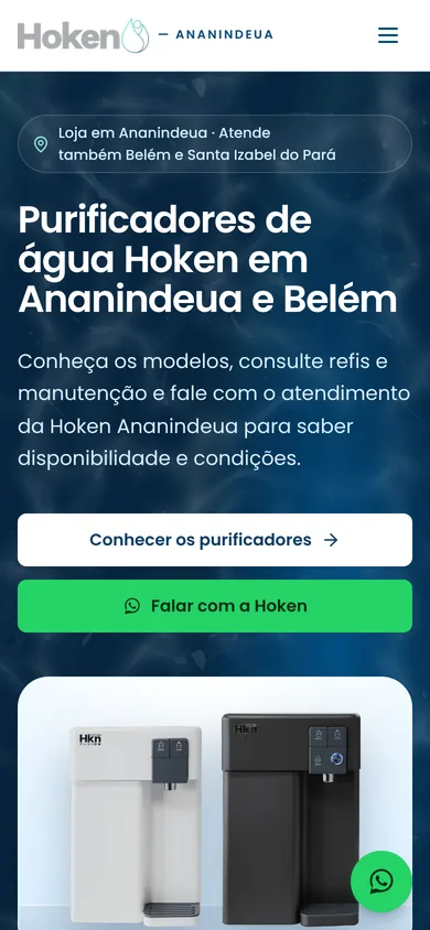 O mesmo site da Hoken no celular, com o título e os botões empilhados.