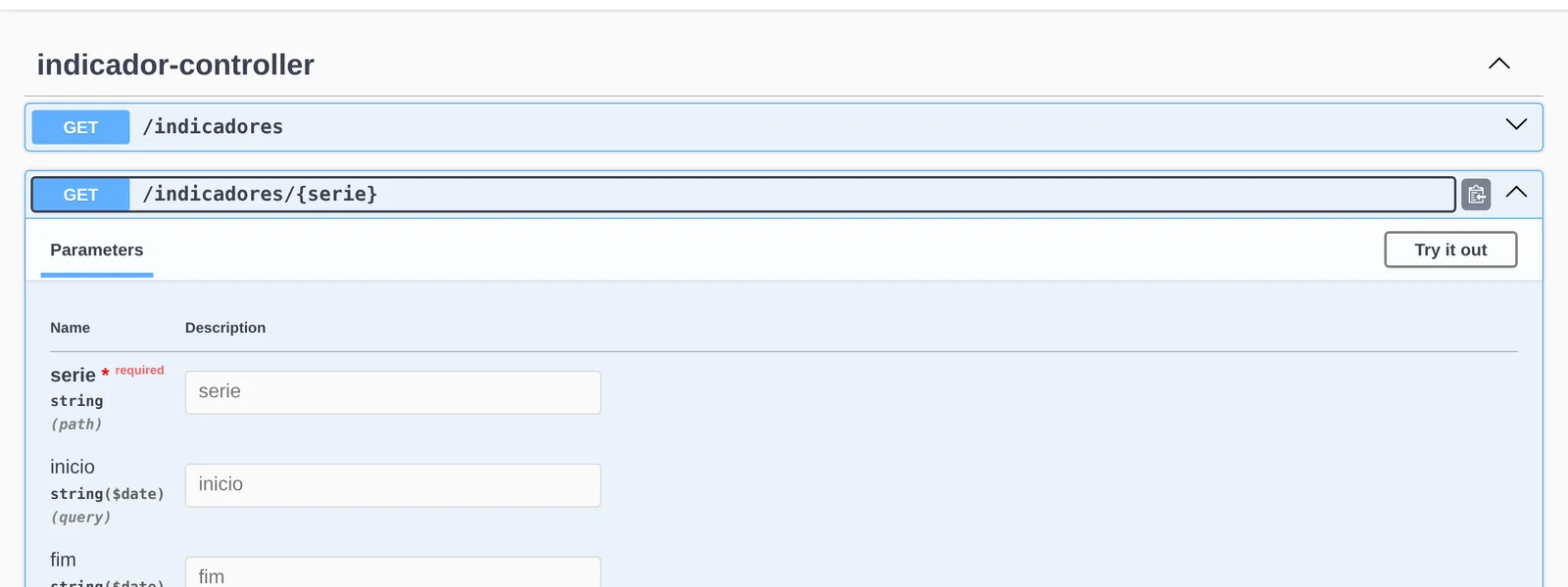 Documentação Swagger da API mostrando os endpoints GET /indicadores e GET /indicadores/{serie} com os parâmetros serie, inicio e fim.